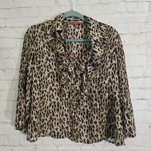 Sunny Leigh Animal Print Ruffle Neck Deep V Poet  Blouse Lg